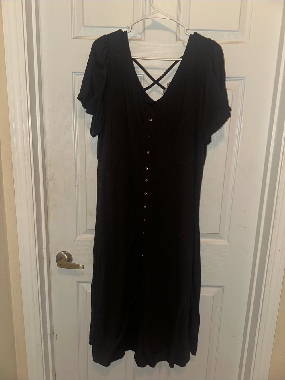 Vintage 90s inspired Black Button-Front Midi Dress with Crisscross Back